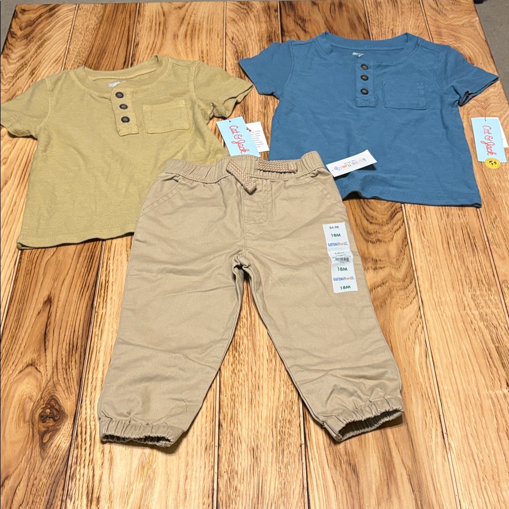 Garanimals Tan Jogger Pants With Cat & Jack Button Up Henley’s Nwt